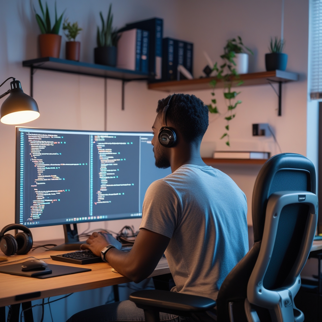 Illustrative image of a software developer with dark skin tone. 